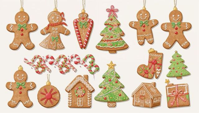 Hanging gingerbread ornaments flatlay overhead featuring christmas trees houses candy canes