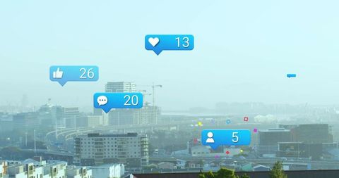Hazy city skyline rooftop panorama with floating social media notifications and likes