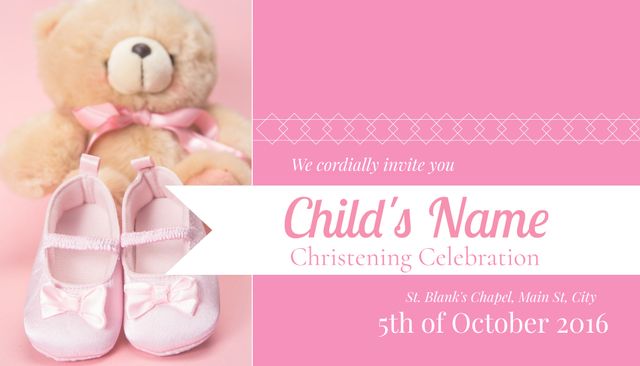 Perfect for christening invitation cards or baby shower announcements, this design features delicate pink shoes and a cuddly teddy bear, making it ideal for celebrating special baby milestones with a touch of elegance. Great for invitations, greeting cards, and baby-related announcements.