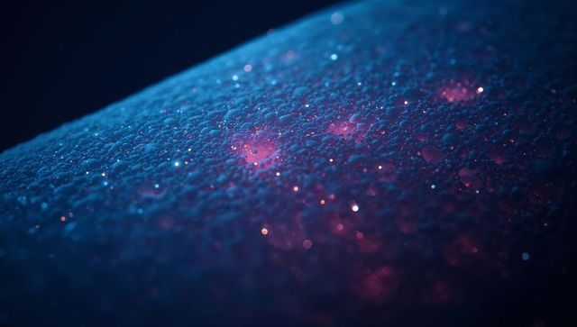 Glittering curved glass surface showing droplets and frost granules in blue magenta bokeh