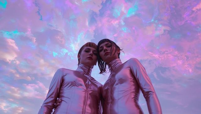Futuristic Models in Metallic Bodysuits against Vibrant Sky