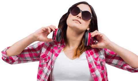 Casual Brunette in Plaid Relaxing with Headphones Transparent