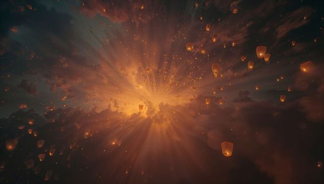 Illuminated Paper Lanterns Ascending in Dusk Sky