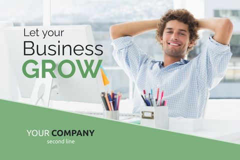 Casual office satisfaction with promotional growth message