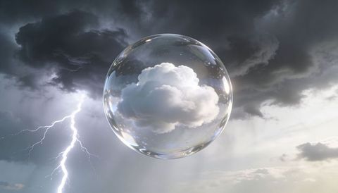 Reflective soap bubble encapsulating cumulus cloud amid dramatic lightning storm, surreal atmosphere