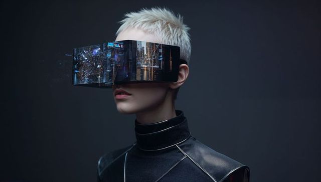 Futuristic woman wearing panoramic VR visor displaying holographic cyberpunk cityscape