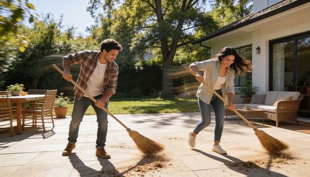 Couple sweeping backyard patio together on sunny day with wooden brooms and fallen leaves