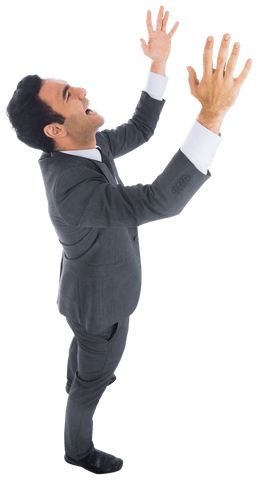 Smiling Businessman Excitedly Raising Arms in Success Celebration Transparent