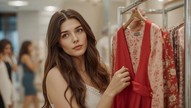 Young woman choosing red dress on hanger in boutique wardrobe shopping portrait closeup