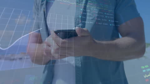 Digital Trading with Smartphone Amid Financial Graphs Overlay