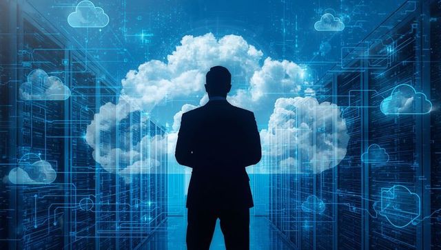 Businessman in datacenter with cloud technology visualization