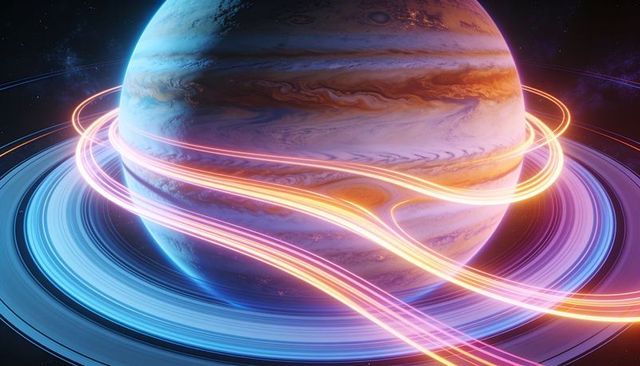 Neon ribbons orbiting chromatic ringed gas giant — futuristic cosmic energy trails