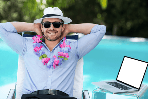 Transparent holiday vibe businessman with garland by poolside