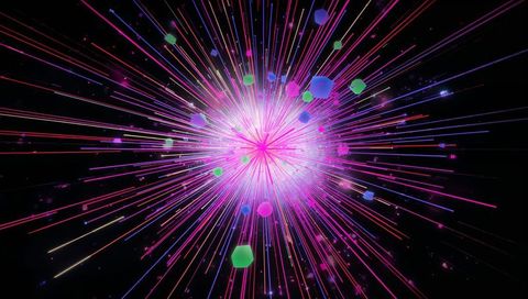 Radiating magenta-white core sending neon rays with floating hexagons in dark digital void