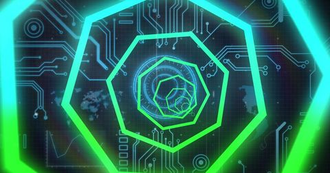Abstract neon shapes with digital data background