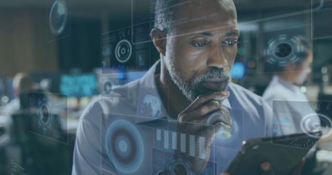 Businessman Analyzing Financial Data in Digital Office