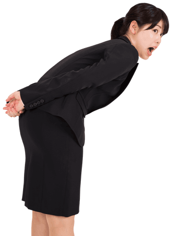 Transparent excited businesswoman bending in surprise
