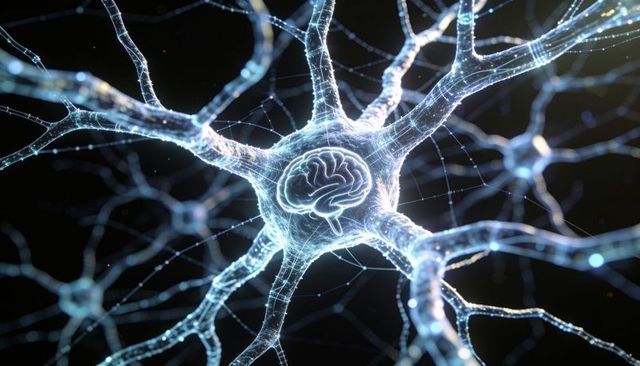 Glowing neural network soma with stylized brain icon, radiant dendrites and synaptic web