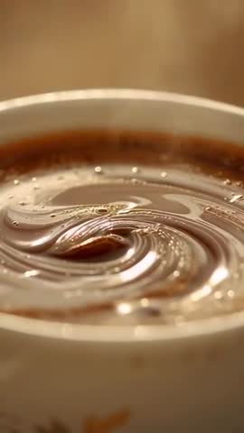 Macro vertical video showing glossy coffee crema swirling in ceramic cup with orange floral print