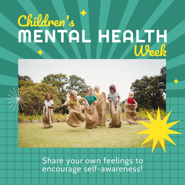 Composition of children's mental health week text over diverse children on green background. Children's mental health week and celebration concept digitally generated image.