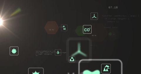 Neon Teal Wind Turbine Dashboard Displaying CO2, Recycling, Water Analytics