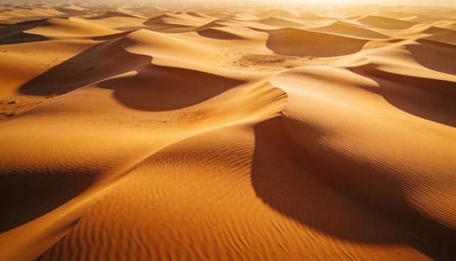 Glowing desert dunes showing rippling ridges and shadowed valleys at sunset