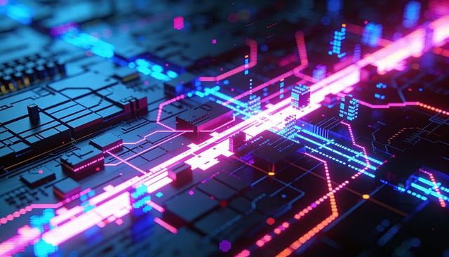 Neon data highway running across circuit board with cyberpunk glowing traces
