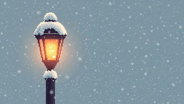Glowing vintage lamp post in pixel art snowfall at twilight with ample copy space