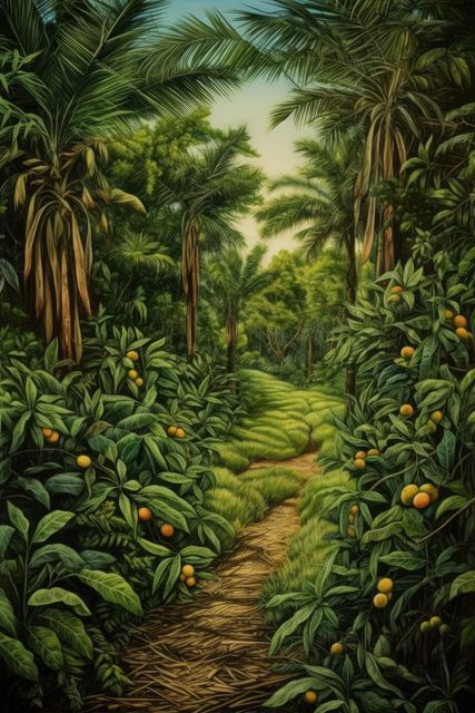 Mango trees with fruit in tropical forest, created using generative ai technology. Tropical fruit, fruit tree and nature concept digitally generated image.