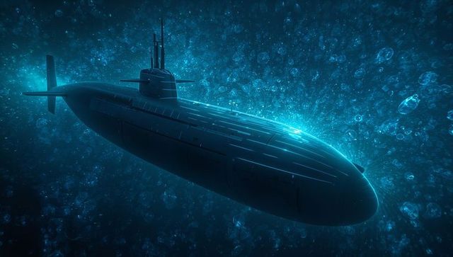 Gliding military submarine cutting through deep ocean, illuminated hull and sensor masts