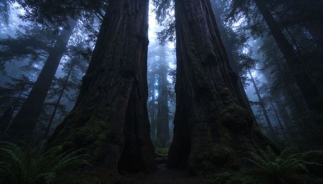 Ancient Redwoods Forming Portal Guiding Misty Mossy Forest Path Through Hollow Trunks Under Canopy