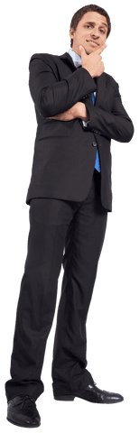 Confused Businessman in Suit Holding Chin on Transparent Background