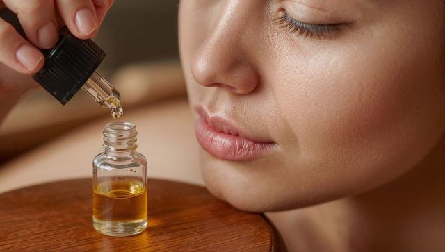 Close-up woman applying facial serum with dropper over glass bottle on wooden surface