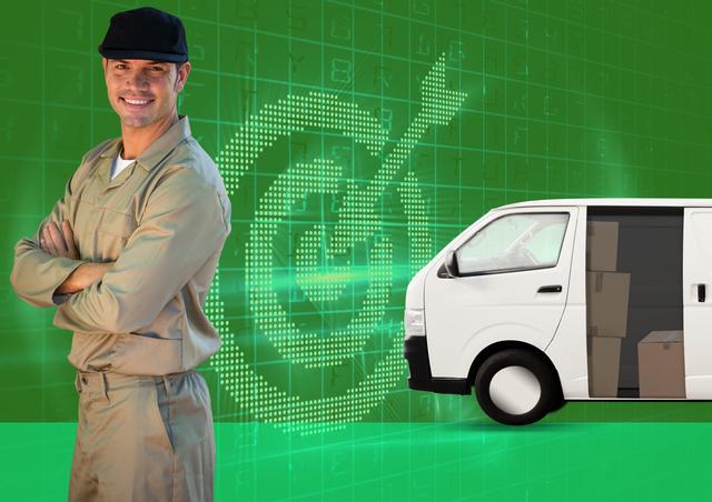 Smiling delivery man standing with arms crossed in front of a white delivery van filled with packages. Background features a digital target graphic, symbolizing precision and efficiency in delivery services. Ideal for use in advertisements, websites, and promotional materials related to logistics, courier services, and transportation businesses.