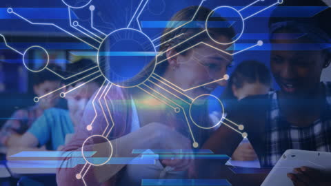 Diverse Students using Digital Tablet in Futuristic Classroom