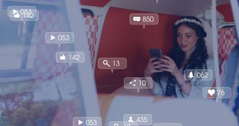 Woman Engaging with Social Media on Smartphone in Vehicle