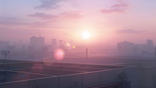 Sunrise bathing industrial rooftop panels with pastel skyline and lens flare