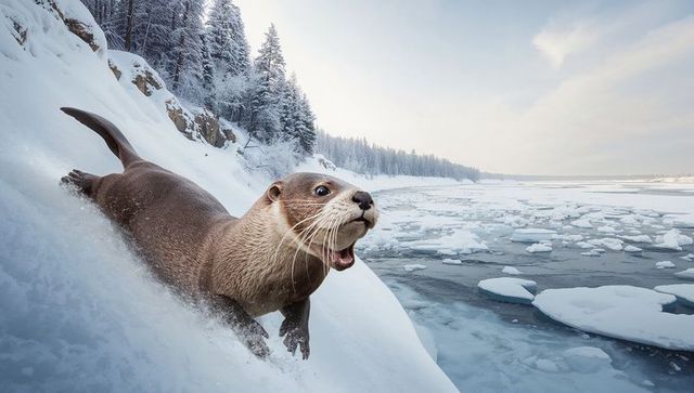River otter sliding down snowy bank beside icy river with ice floes and boreal forest