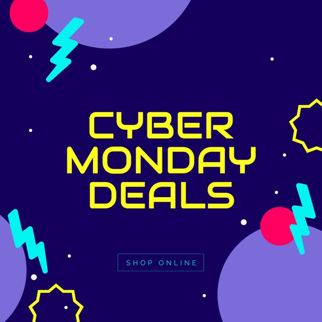 Illustration highlighting Cyber Monday sales with modern, vibrant shapes against a dark blue background, useful for online advertisements, social media posts promoting discounts, and ecommerce websites. Ideal for capturing attention and driving online sales during the promotional period.