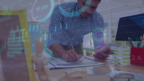 Man Analyzing Financial Data on Smartphone with Stock Market Charts Overlay