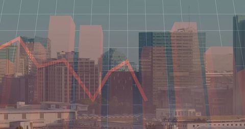 Urban skyline merging with financial chart showing falling red trend line market downturn