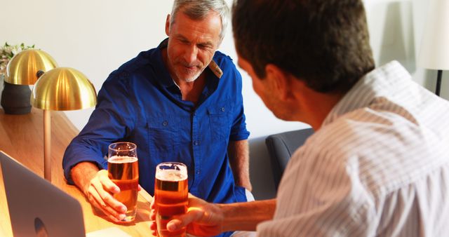 Two Mature Men Enjoying Beer Together and Socializing at Home - Download Free Stock Images Pikwizard.com