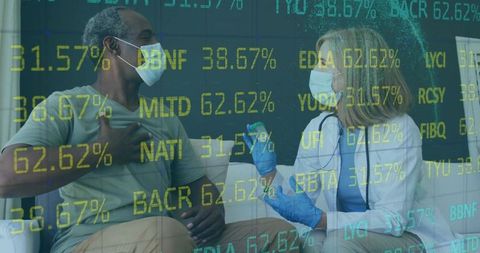 Healthcare innovation meets finance with doctor and patient consultation scene