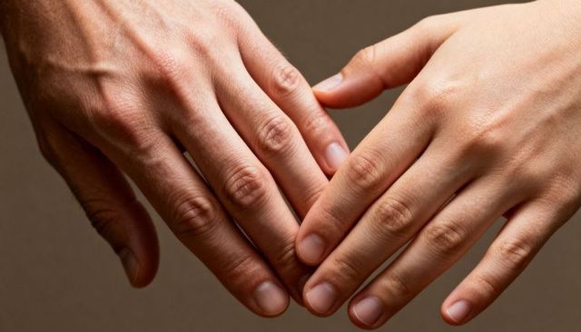 Closeup of adult hands touching showing skin texture, veins, fingernails and intimacy