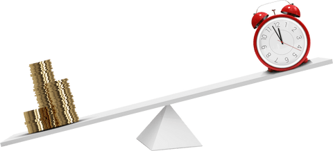 Transparent balance scale with coins and clock illustration