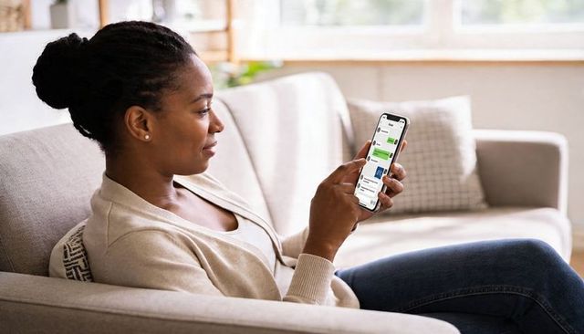 Relaxing woman using smartphone on modern sofa, scrolling messages in bright living room