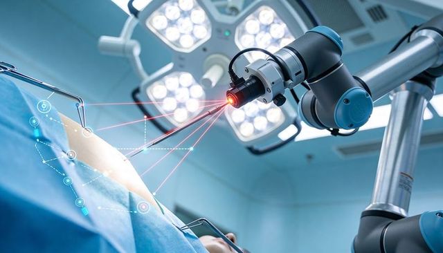 Robotic surgical arm targeting tumor with laser precision and hud overlay guiding incision