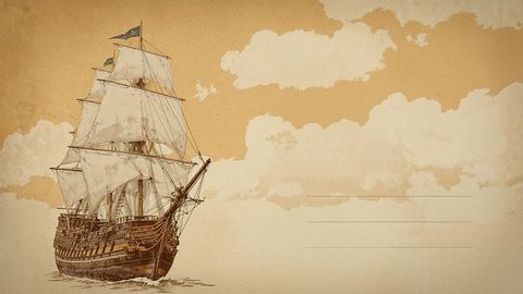 Vintage sailing pirate ship on open sea with cloudy sky background