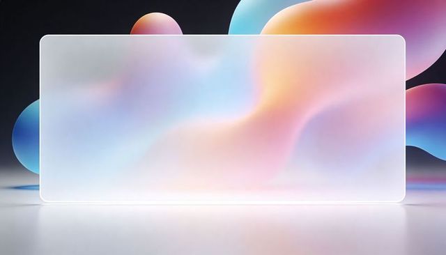 Frosted glass rounded rectangle with pastel gradient, soft floating orbs, minimal mockup