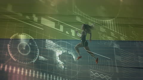 Female Athlete Running with Digital Data Overlay on Track